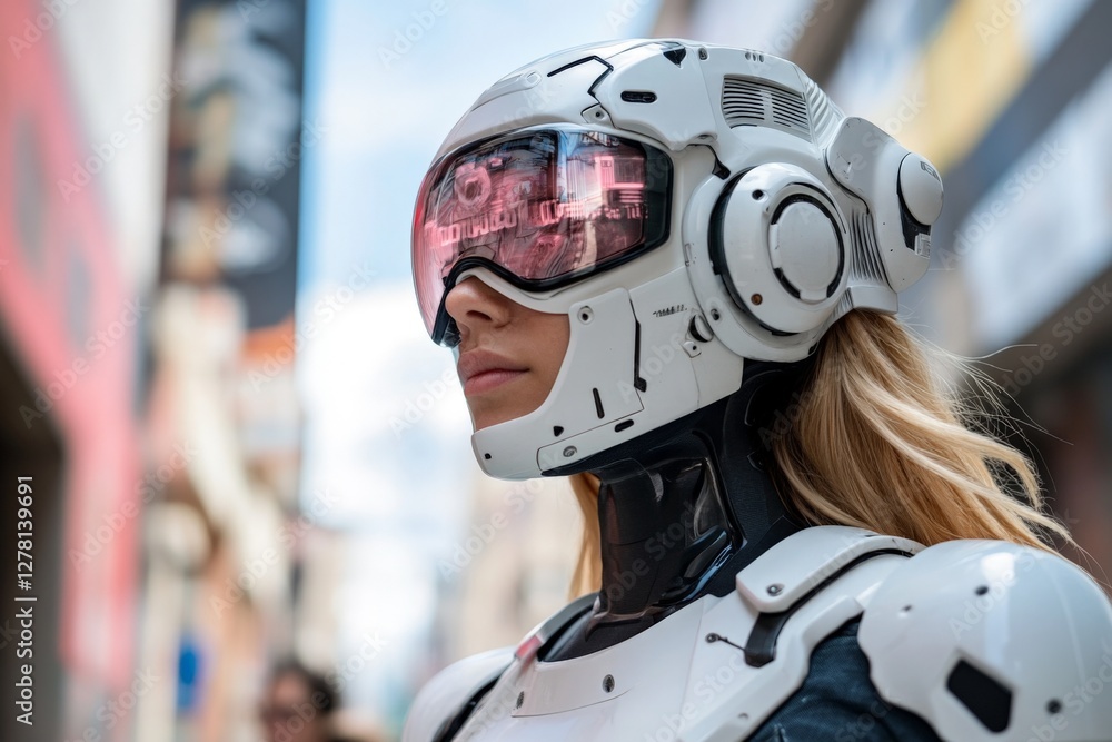 Poster human-like robot wearing advanced technology walks through urban setting with a futuristic design in