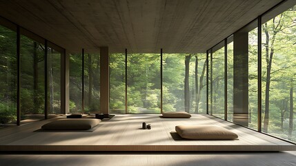 Serene Minimalist Room Overlooking Lush Forest Canopy