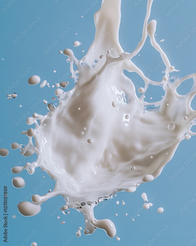 Poster dynamic milk splash against a serene light blue backdrop creating a captivating visual of fluid moti