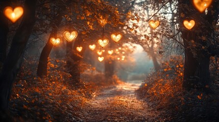 Enchanted Forest Path with Glowing Heart Lights