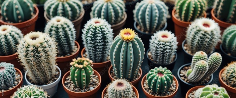 Poster various types of cacti in terracotta pots arranged on a table with gravel soil against a dark backgr