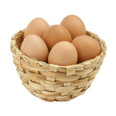 Fresh brown eggs in woven basket, perfect for cooking and baking. This captures natural beauty and simplicity of farm fresh eggs