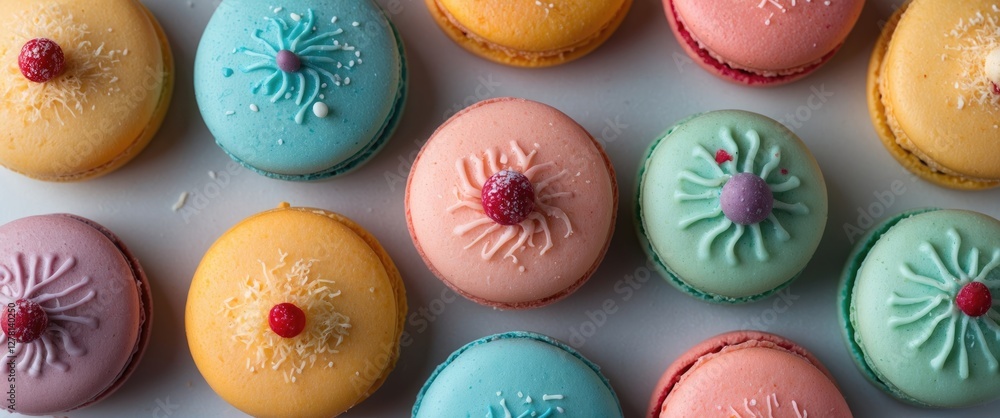 Poster colorful assortment of macarons in various flavors arranged in a circular pattern on a white surface