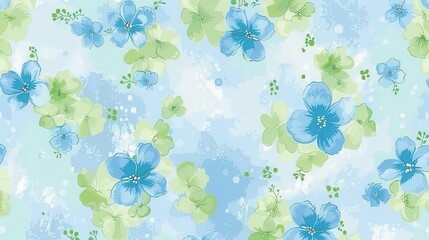Fototapeta premium Light Blue and Green Pastel Floral Pattern Featuring Small Flowers and Dots in a Seamless Design Created With Generative AI