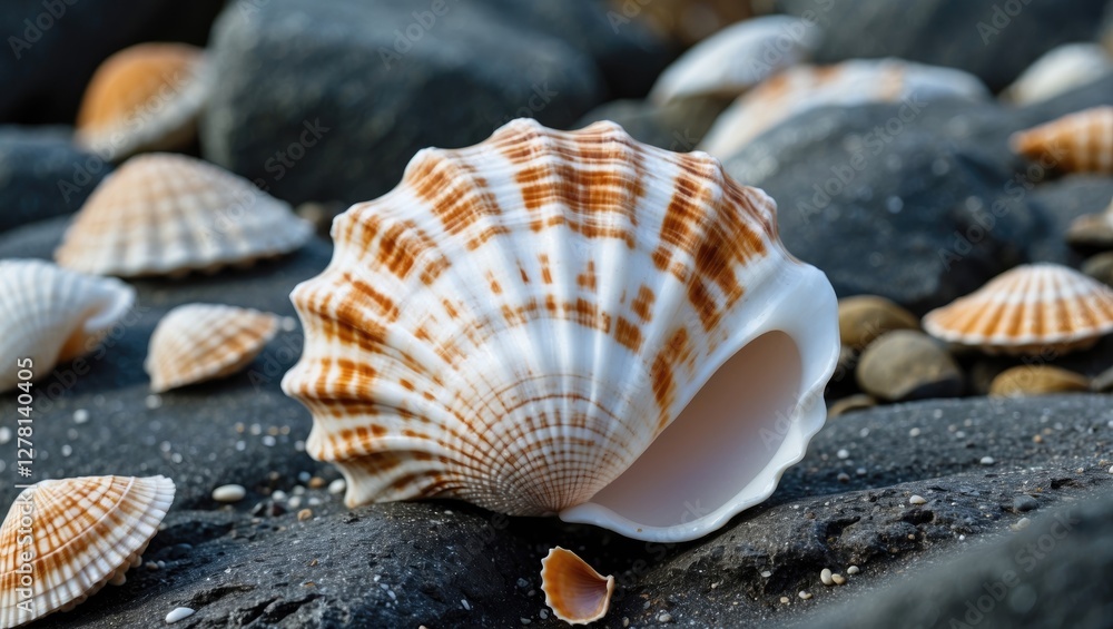 Poster close-up of a large striped shell on a rocky beach with smaller shells in the background and pebbles
