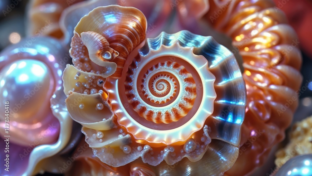 Poster colorful close-up of intricate seashell spiral patterns with iridescent details and pearls on a blur