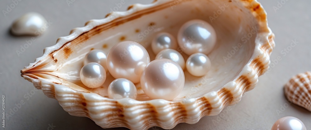 Poster pearls of various sizes displayed inside a natural shell on a soft background with additional shells