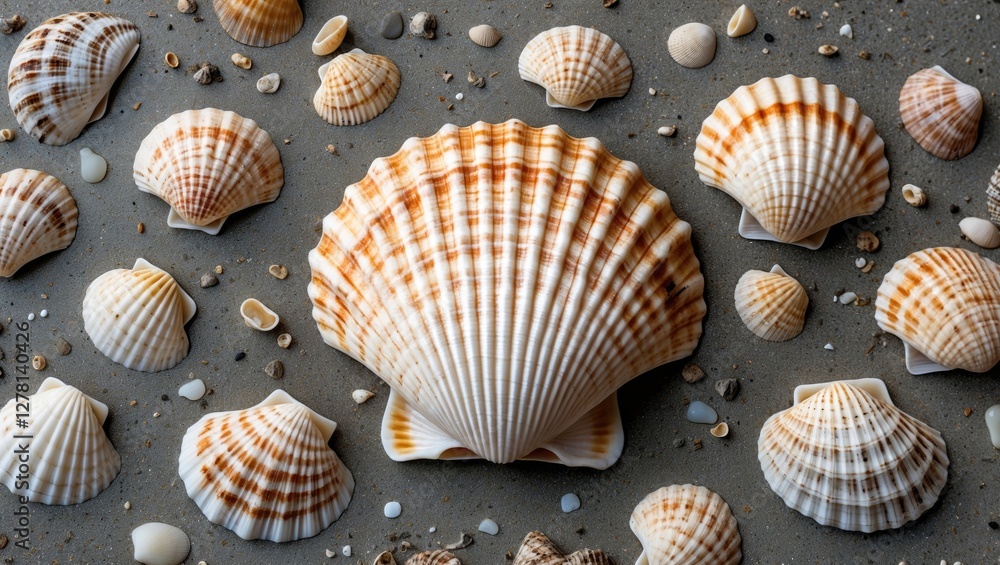 Poster group of various seashells arranged on a sandy beach showcasing intricate textures and patterns of m