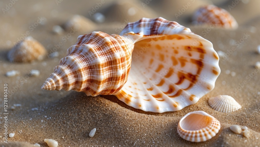 Poster spiral seashells of various sizes on sandy beach with soft natural lighting and shallow depth of fie