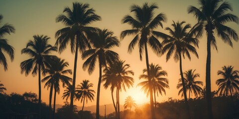 Fototapeta premium Silhouette of palm trees at sunset with golden hue and mist in the background creating a tropical landscape scene