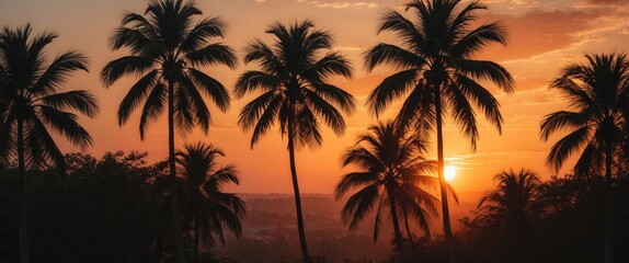 Sunset landscape with silhouetted palm trees against a colorful sky and horizon during twilight hours in a tropical setting