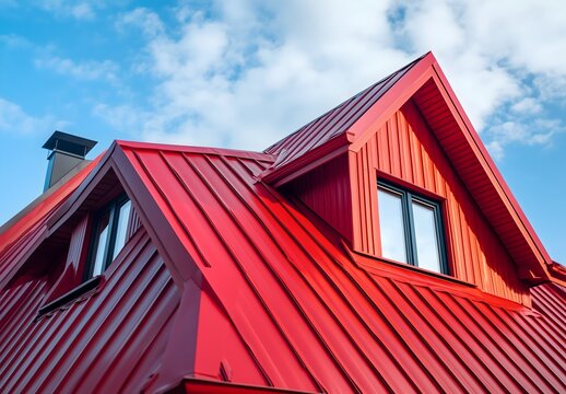 Modernes rotes Metalldach mit Gauben. Detailaufnahme eines modernen roten Metalldachs mit stilvollen Gauben und Fenstern.