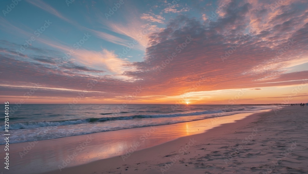 Poster sunset over calm ocean with colorful clouds reflecting on wet sandy beach and gentle waves lapping a