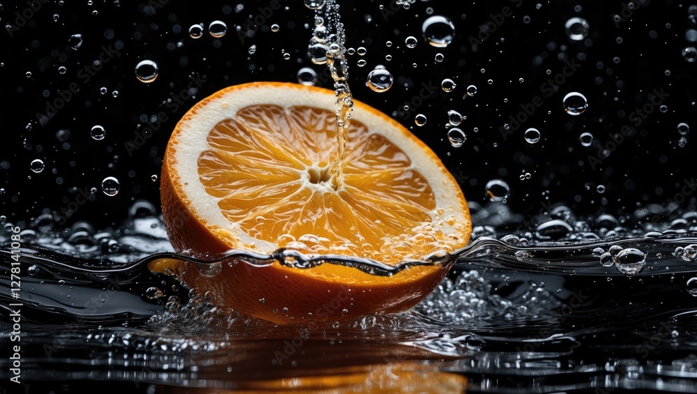 Poster orange slice splashing in water with bubbles on black background creating dynamic movement and contr