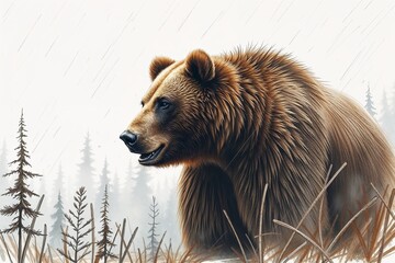 Digital painting of a brown bear in the rain