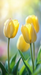Obraz premium Several very beautiful yellow tulips, light gradient hazy background, bright and vivid tone, the whole picture is very dreamy and warm