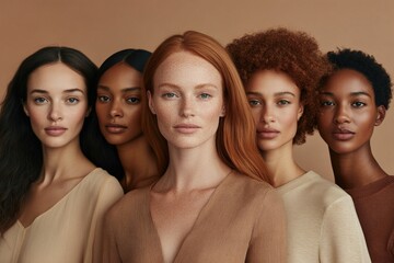 Obraz premium Diverse group of young women with freckles and natural hairstyles