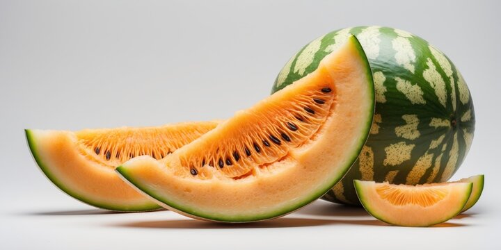 Sliced orange watermelon on a plain background with whole watermelon in the background and small slice beside them