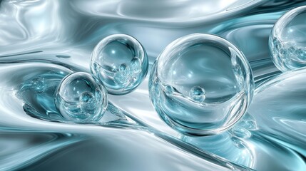 The flowing liquid surface and several transparent sphere bubbles