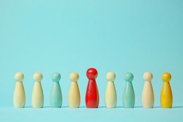 Unique wooden figurines in a row against blue background, diversity concept