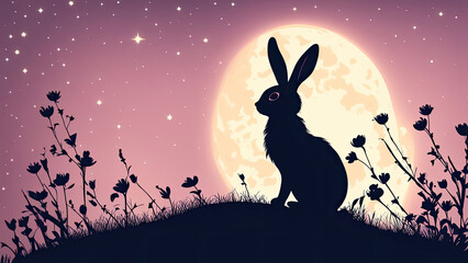 A rabbit sits on a hill under the glowing full moon, surrounded by wildflowers, creating a dreamy and magical night scene with a purple sky and twinkling stars.