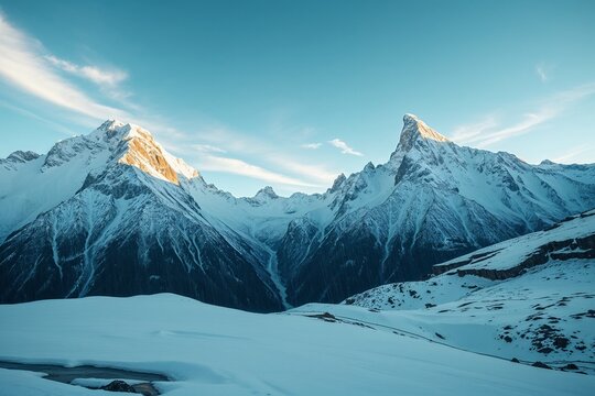 Snow-covered mountain peaks under a clear blue sky - Powered by Adobe