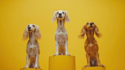 studio full-body wide portrait dark yellow background of 3 different breed of race saluki dogs stands on winners rounded podium.