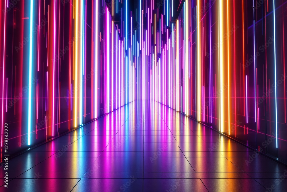 Poster abstract corridor with colorful neon lights on reflective floor.