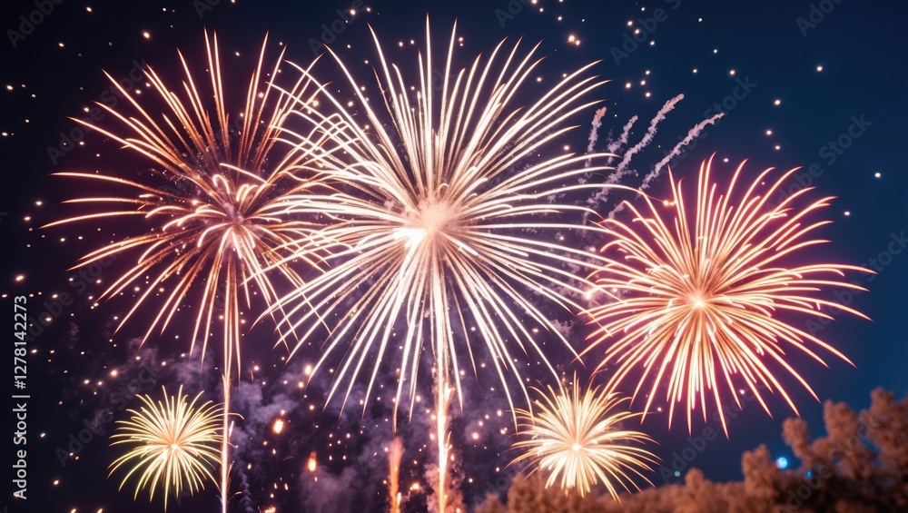 Poster bright and colorful fireworks display against a night sky with various explosive patterns and sparks
