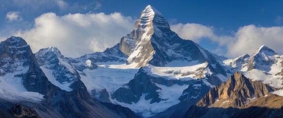 Majestic snow-covered mountain peak against a blue sky with clouds in the background scenic landscape photography