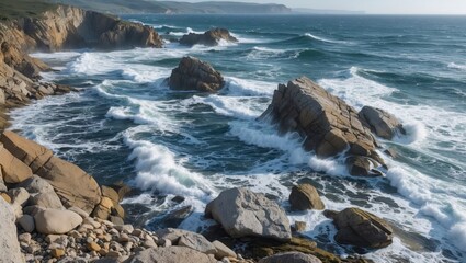 Fototapeta premium Coastal landscape with rocky shore, crashing waves and clear sky under natural light during daytime in coastal environment.