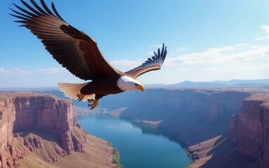 Fototapeta premium Majestic Bald Eagle Soaring Over Scenic River Canyon Landscape