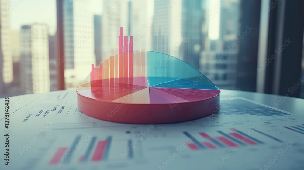 Poster modern business analytics visualization on a desk with cityscape in the background