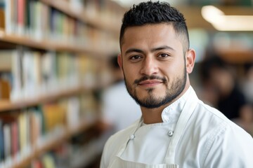 Skilled chef smiling confidently in a modern culinary classroom with bookshelves in the background