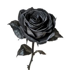 dark rose with intricate petals and leaves, symbolizing mystery and elegance. This striking flower stands out against transparent background, evoking sense of beauty and intrigue
