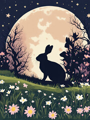 A rabbit sits on a hill under the glowing full moon, surrounded by wildflowers, creating a dreamy and magical night scene with a purple sky and twinkling stars.