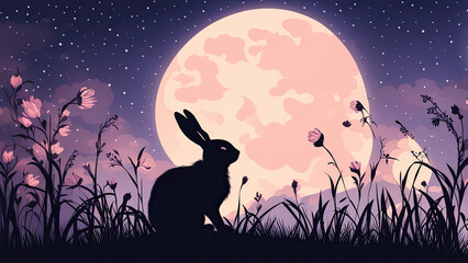 A rabbit sits on a hill under the glowing full moon, surrounded by wildflowers, creating a dreamy and magical night scene with a purple sky and twinkling stars.