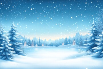Fototapeta premium Serene Winter Wonderland Landscape with Snow Covered Trees and Frozen Lake Sparkling Under Gentle Snowfall