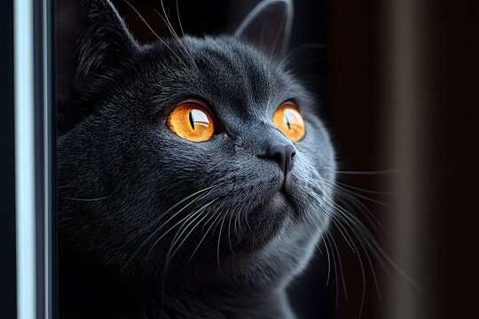 Thoughtful Gray Cat with Striking Orange Eyes in Contemplative Pose - Powered by Adobe