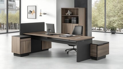 Modern office workspace with large desk and storage units