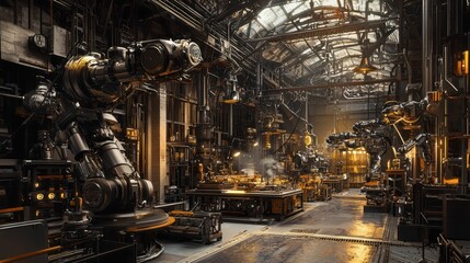 Futuristic Industrial Warehouse with Robotic Machinery and Automation