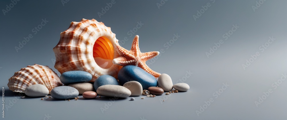 Poster colorful seashells and polished stones arranged on a solid surface with a soft gradient background.