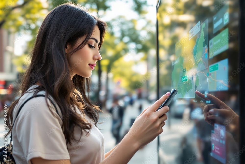 Poster woman using interactive touchscreen in urban setting.