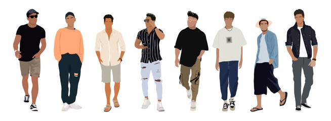 Obraz premium Set of different stylish men wearing modern street fashion summer clothes. Flat vector illustrations isolated on transparent background
