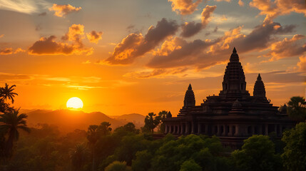 Sunset Over an Ancient Temple Surrounded by Jungle