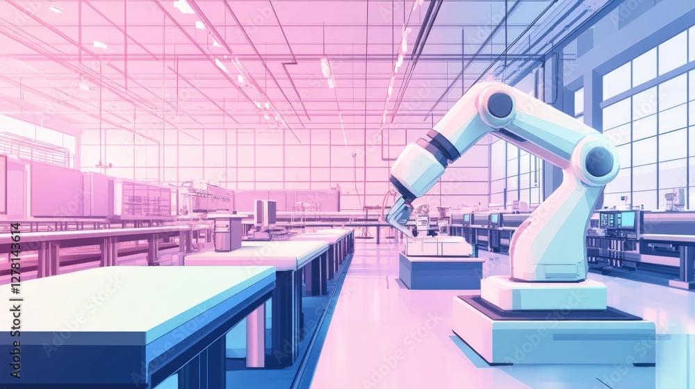 Poster robotic arm operating in modern factory with bright interior and production lines in background