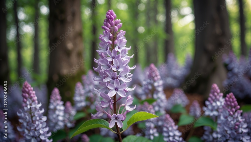 Poster purple flowering plants in a forest environment with soft sunlight filtering through trees creating 