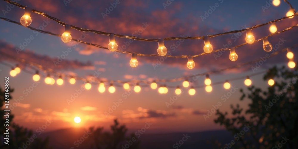 Poster string lights illuminated against a colorful sunset sky with clouds and silhouetted tree branches in