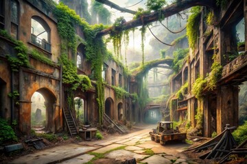 Fototapeta premium Forgotten Industrial Ruins Reclaimed by Nature's Unrelenting Embrace A Mystical Scene of Overgrown Architecture and Abandoned Machinery