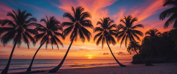 Obraz premium Tropical beach at sunset with palm trees silhouetted against a colorful sky and calm ocean waters in the background